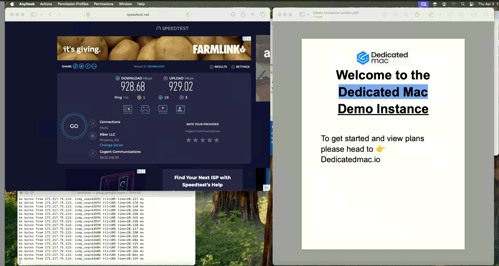 DedicatedMac free demo screenshot showing the AnyDesk session and demo landing page